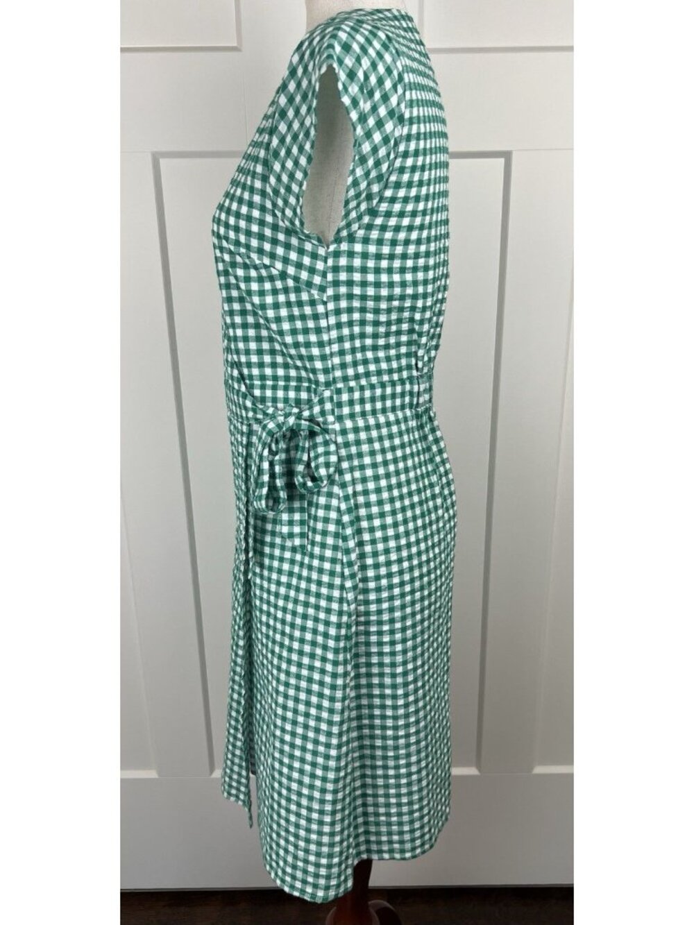Banana Republic Gingham Wrap Dress Size 4 Green White Cotton Linen Fit Flare - Picture 3 of 11